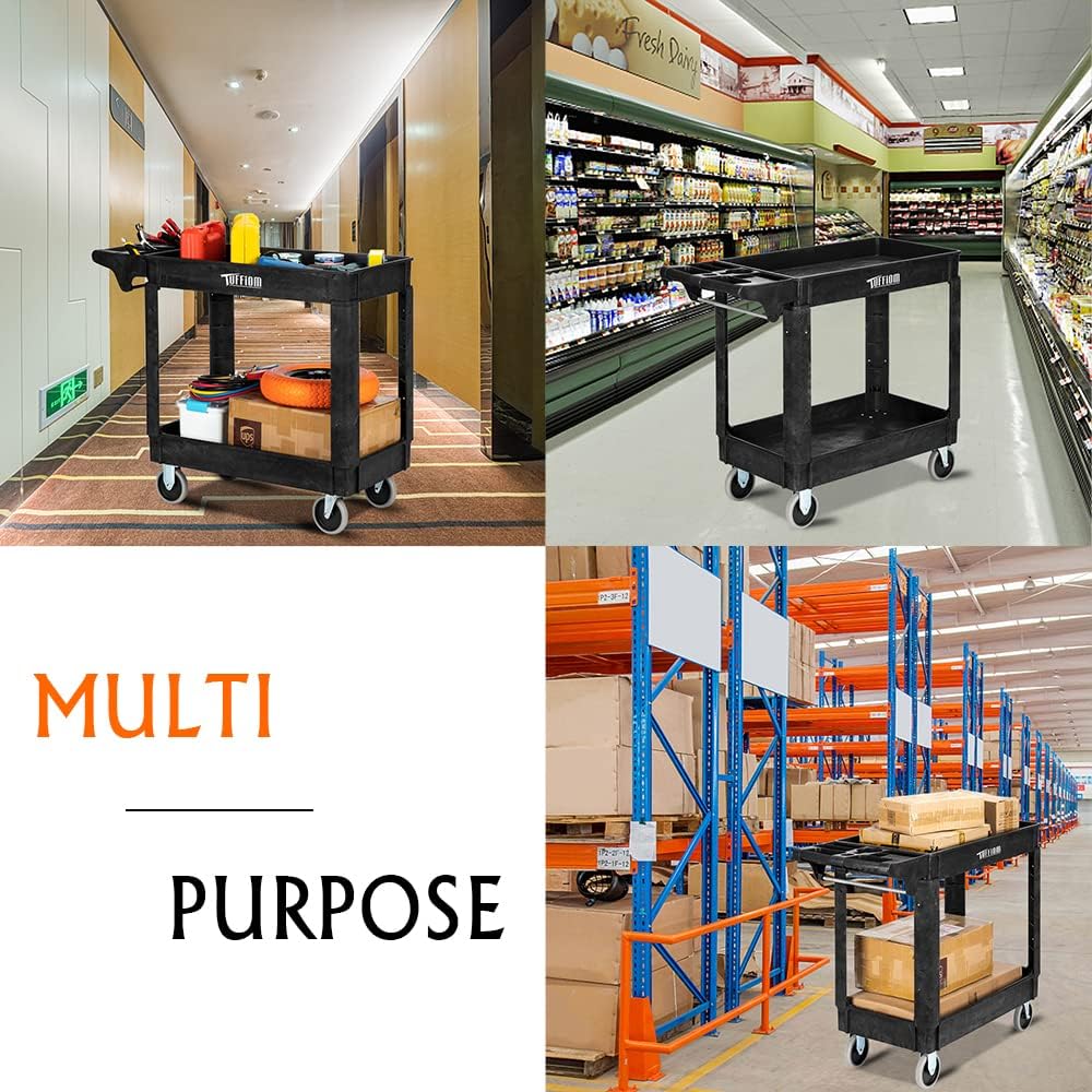 Plastic Service Utility Cart with Wheels, 550lbs Capacity Heavy Duty Tub Storage Cart W/Deep Shelves, Multipurpose
