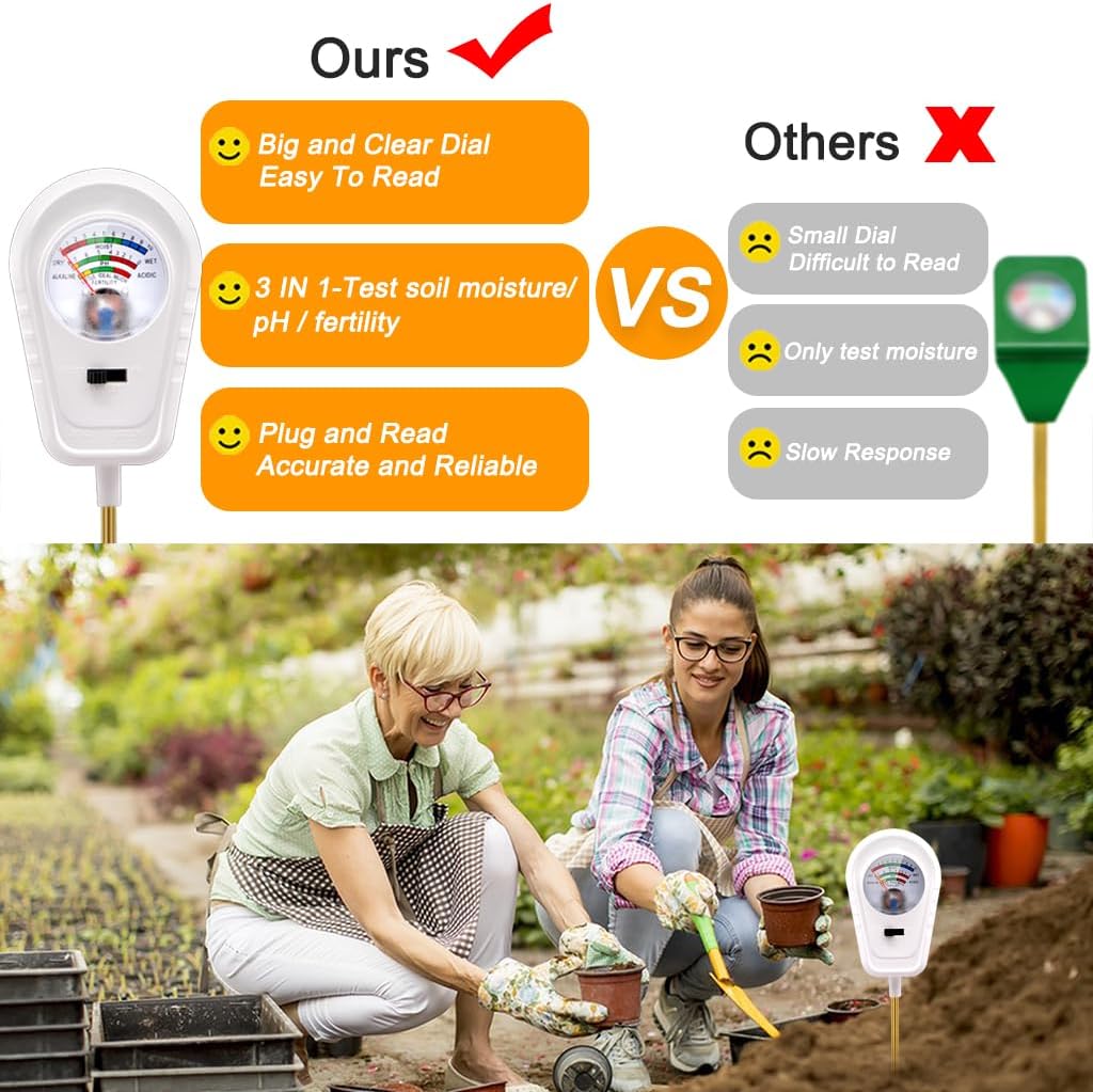 Soil Test Kit 3-in-1, Soil Moisture Meter, Soil PH Meter, Fertility Soil Tester, Soil Tester for Garden, Lawn, Farm