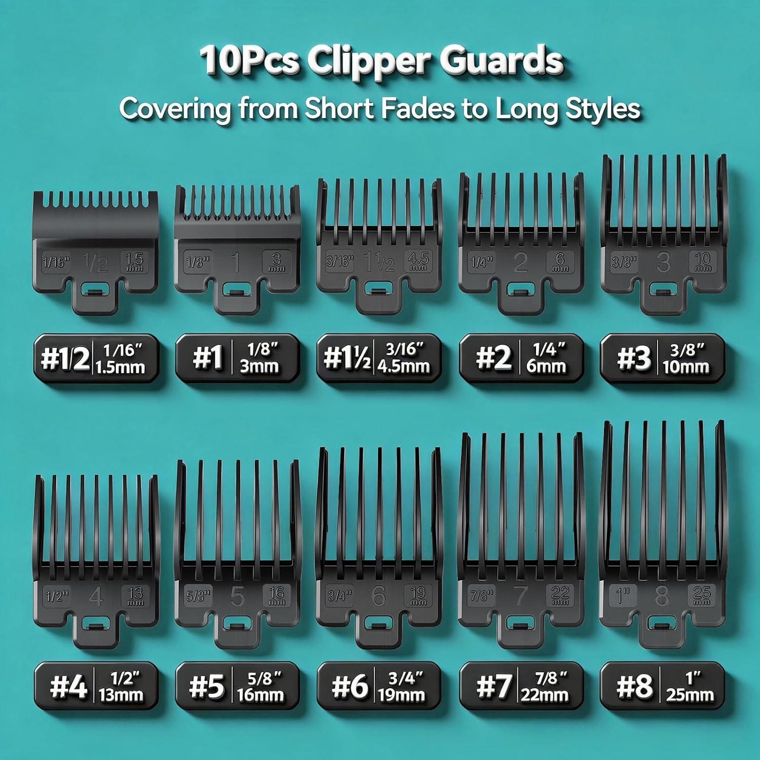 Clipper Guards Set Compatible with Wahl Clippers, Clipper Guides Replacement - 1/16" to 1", 10 Piece Set, Black Color