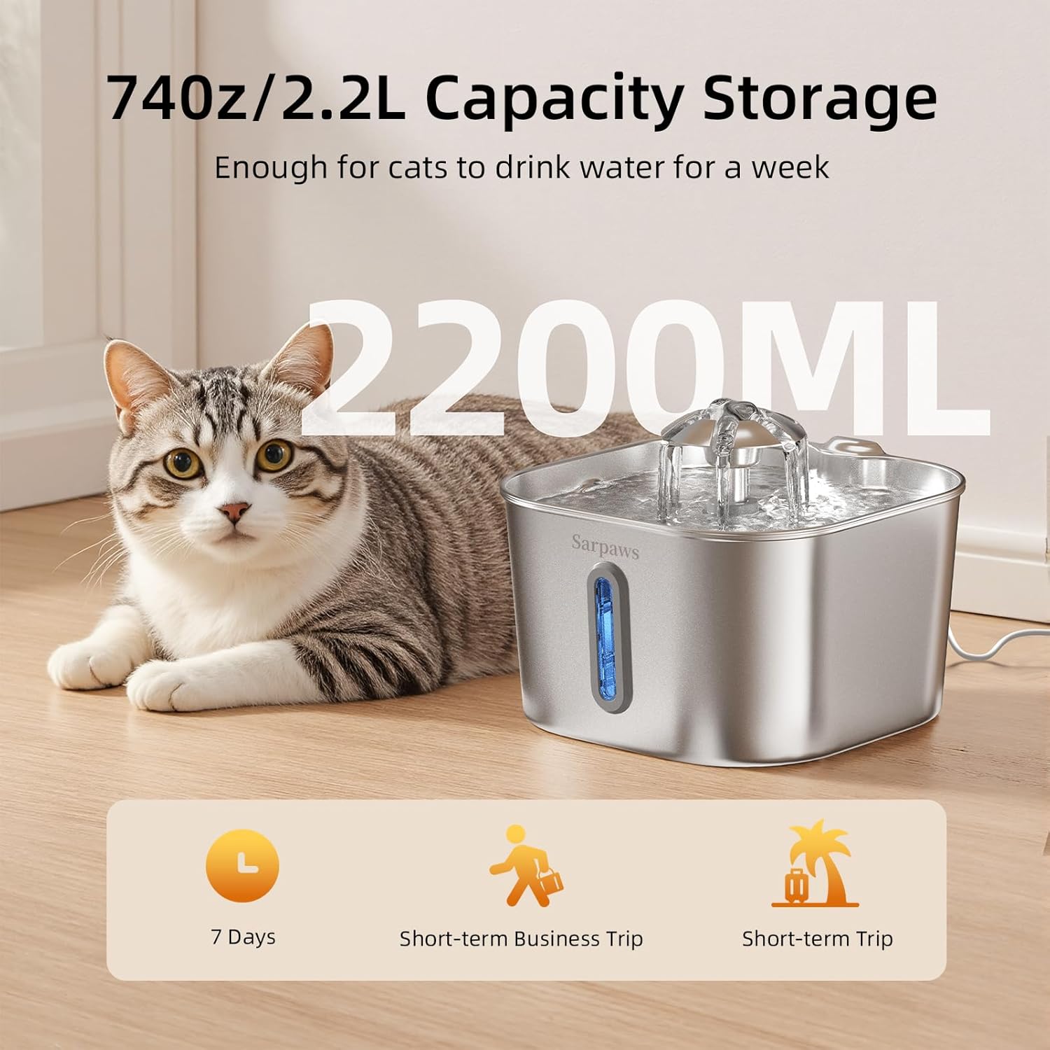 Cat Water Fountain Stainless Steel：74oz/2.2L Water Fountains for Cats Indoor, Cat Fountains for Drinking