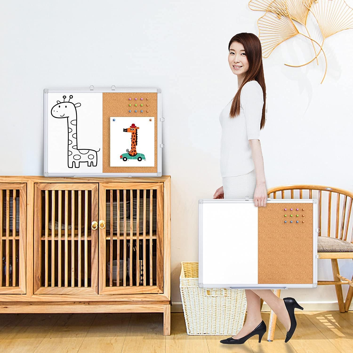 Magnetic White Board and Cork Board Combo, 24 X 18 inches Whiteboard Bulletin Combination Board, Wall Mounted Dry