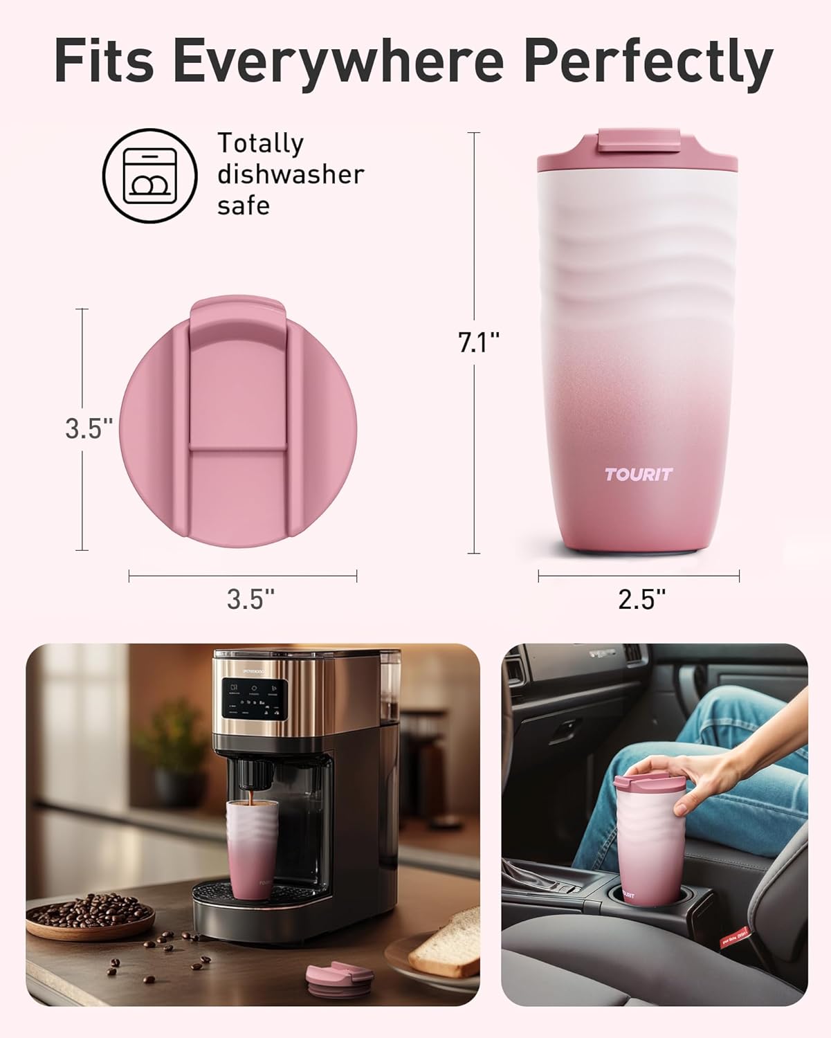 16 oz Travel Coffee Mug, Vacuum Insulated Stainless Steel Tumbler with Ripple-Wave Anti-Slip Grip, Built-in Silicone
