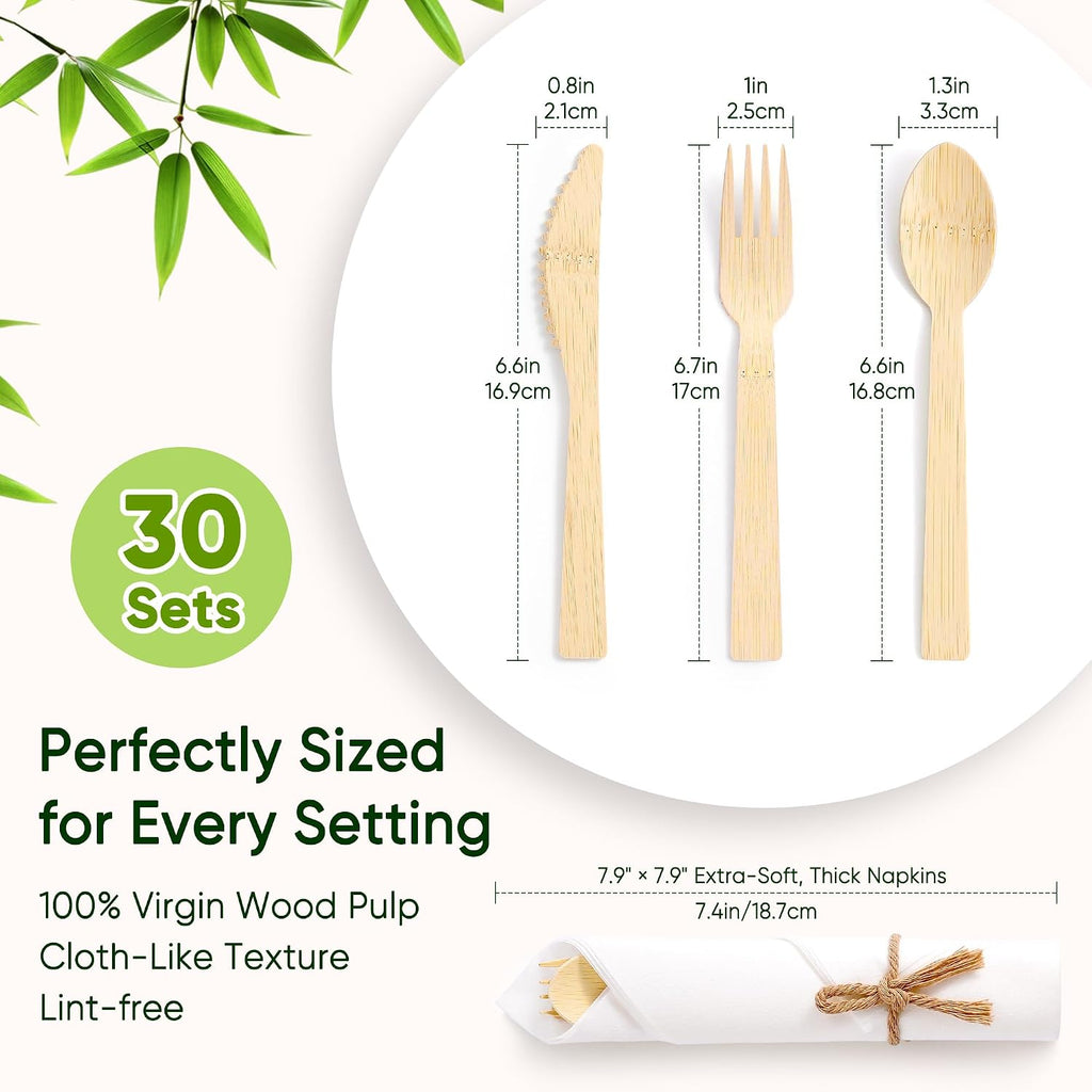 Pre-Rolled Bamboo Cutlery Set, Compostable Utensils with Napkins