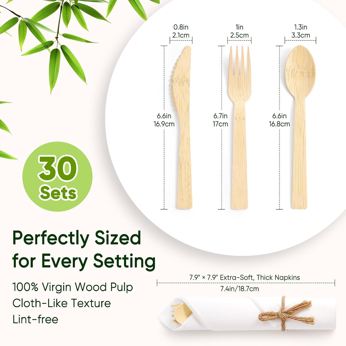 Pre-Rolled Bamboo Cutlery Set, Compostable Utensils with Napkins