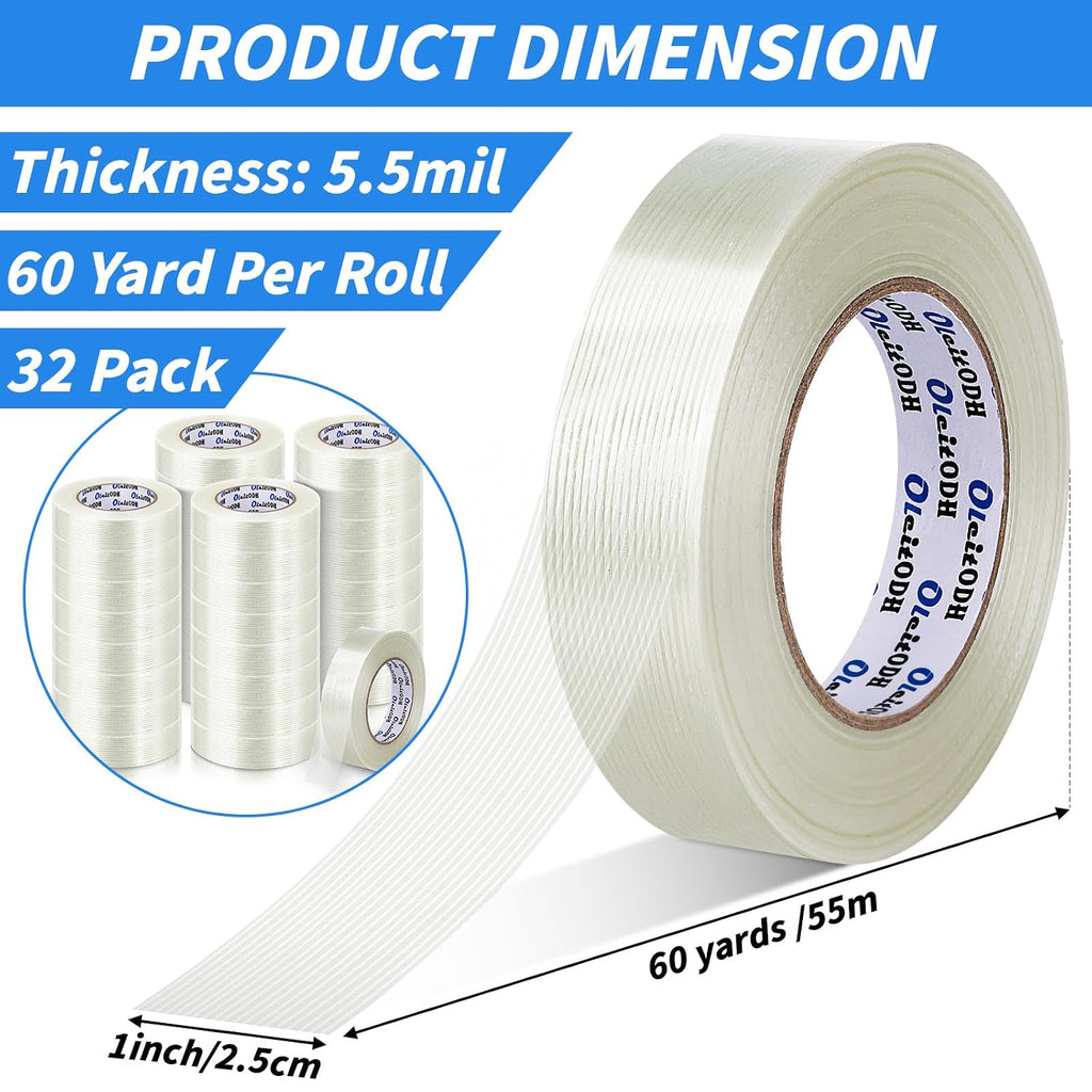 32 Rolls Strapping Tape 1 Inch x 60 Yards 5.5 Mil Fiberglass Tape