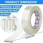 32 Rolls Strapping Tape 1 Inch x 60 Yards 5.5 Mil Fiberglass Tape