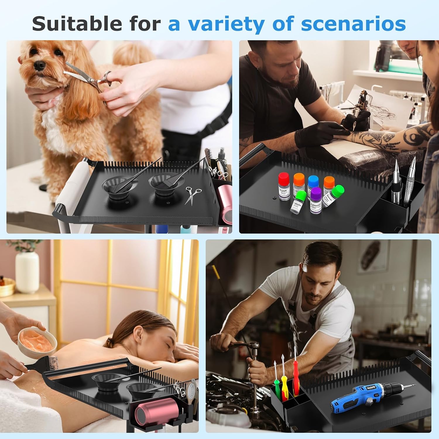 Hairstylist Tray on Wheels, Rolling Salon Tray with Holder and Hair Separator Stand, Salon Trolley Adjustable Tray