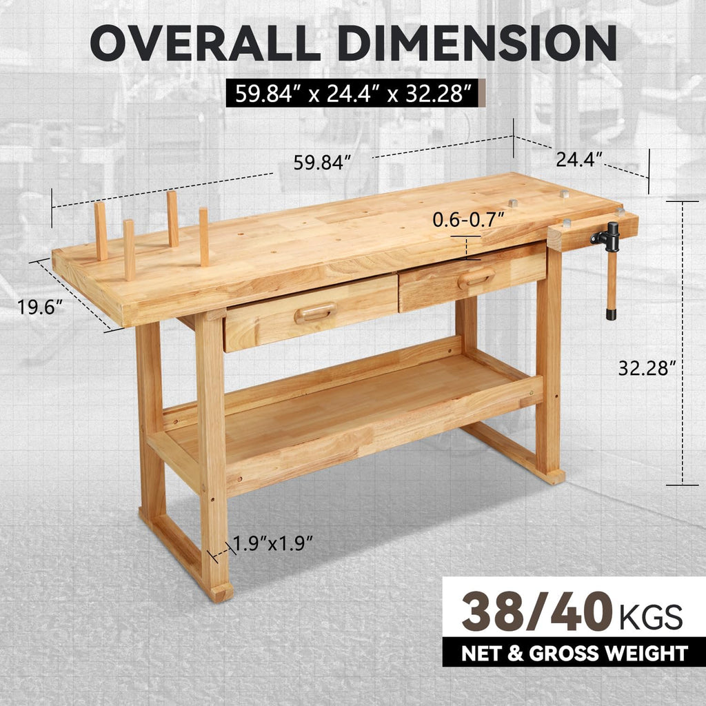 60" Wood Workbench, Heavy Duty w/Adjustable Handle, Workshop | 500Lbs Load Capacity, Woodworking Bench, Natural Wood