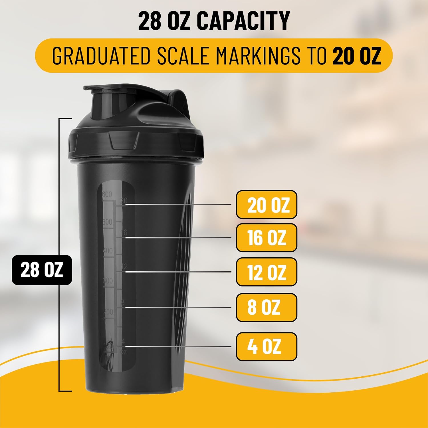 Shaker Bottles for Protein Mixes, 28 oz, Leak Proof | Shaker Cups with Stainless Steel Wire Whisk Ball for Protein