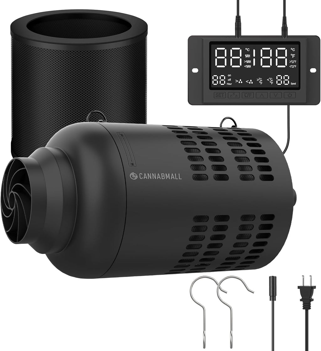 4 Inch Inline Duct Fan with EC Motor and Built-in Carbon Filter, Duct Fan Kit with Temperature Humidity Controller