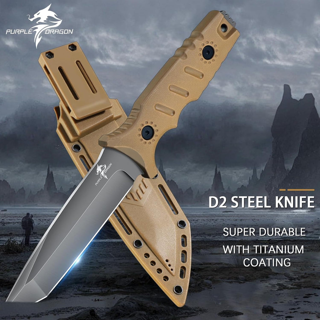 Full Tang Fixed Blade Tactical Knife with Sheath | Survival Knife with Ergonomic Khaki Handle, Built for Bushcraft