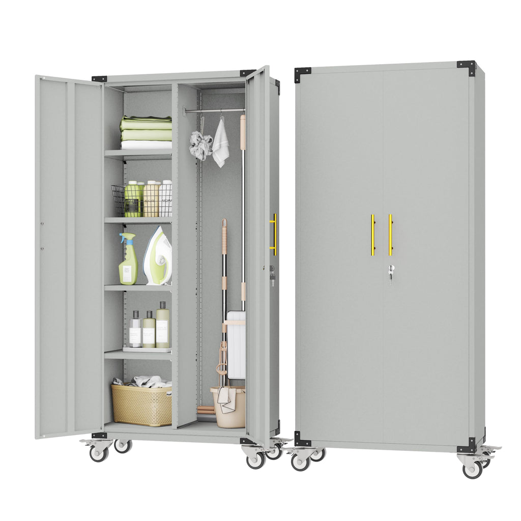 71" Rolling Lockable Metal Broom Closet Storage Cabinet, Grey White