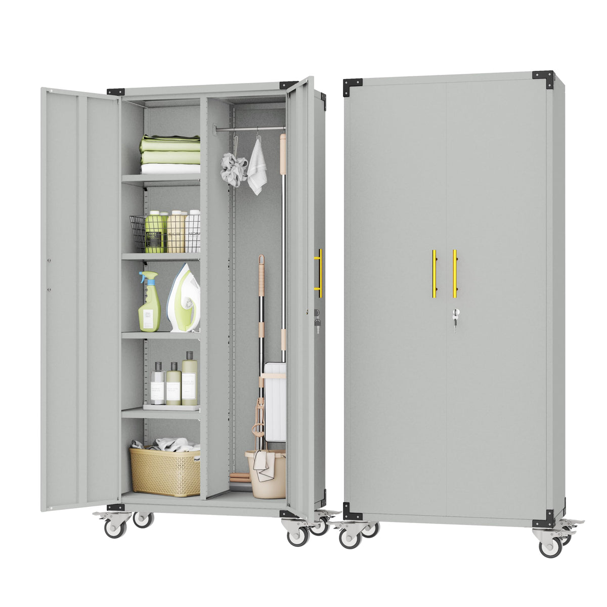 71" Rolling Lockable Metal Broom Closet Storage Cabinet, Grey White