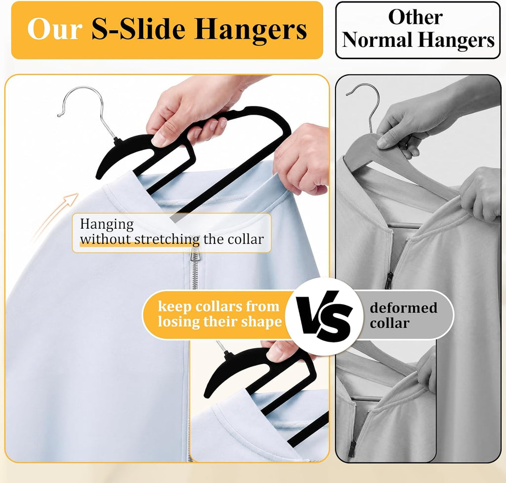 Velvet Hangers 50 Pack, S-Shaped and Stackable Felt Hanger(Black) | Non Slip, 15Lbs Capacity Heavy Duty, Ultra Thin