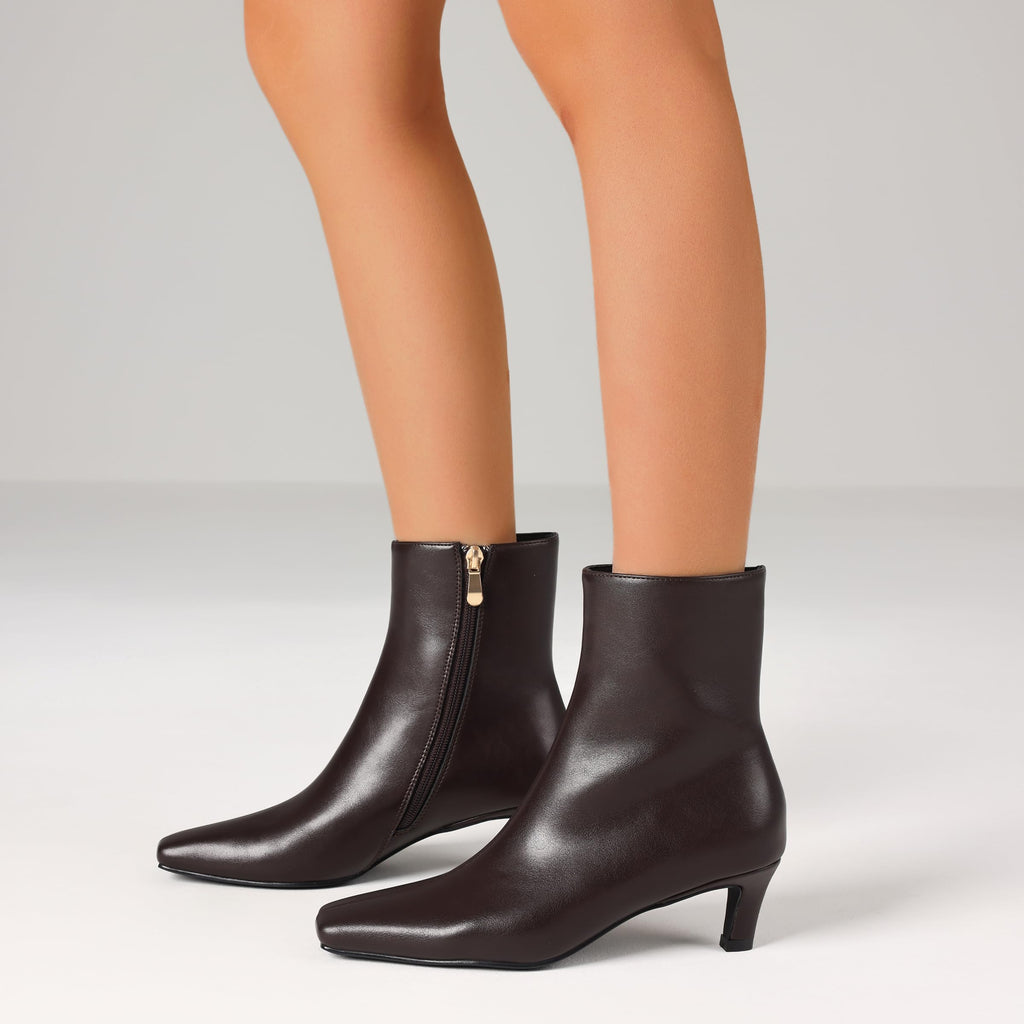 Kitten Heel Ankle Boots Square Brown Booties for Women Low Heel
