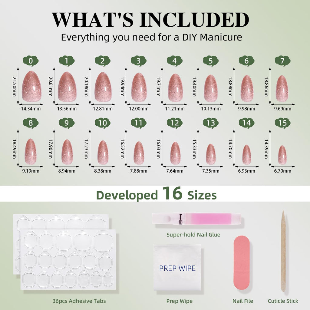 Press On Nails Almond - Nude Pink Nails Glitter Fake Nails