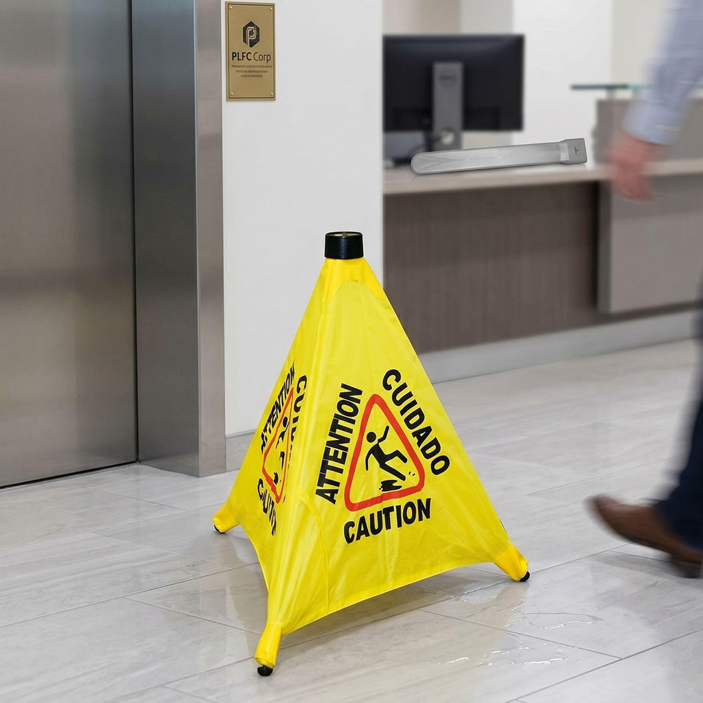 19-1/2" Pop-Up Safety Cone with Storage Tube- Multi-Lingual Caution Imprint and Wet Floor Symbol Floor Warning Sign