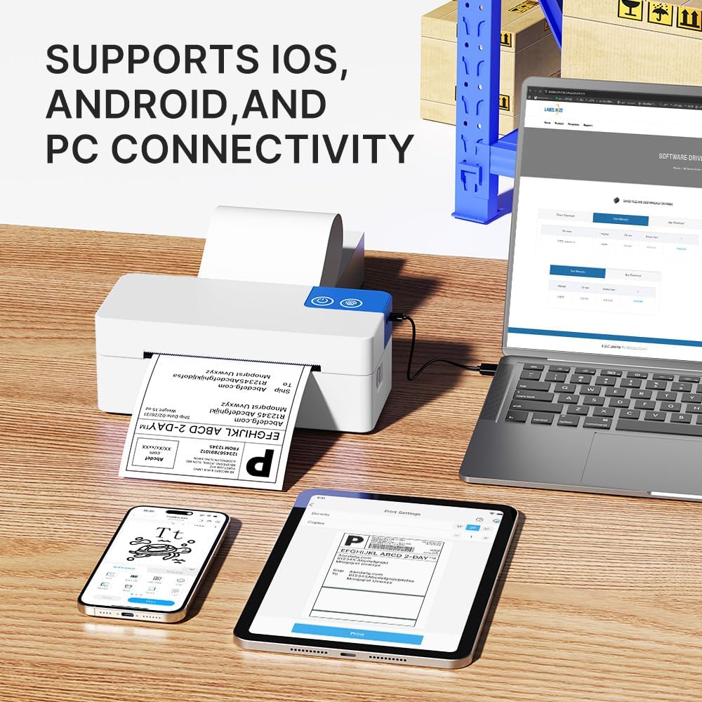 Bluetooth Thermal Shipping Label Printer for Small Business, White | Wireless Portable Mailing Shipping Printer for