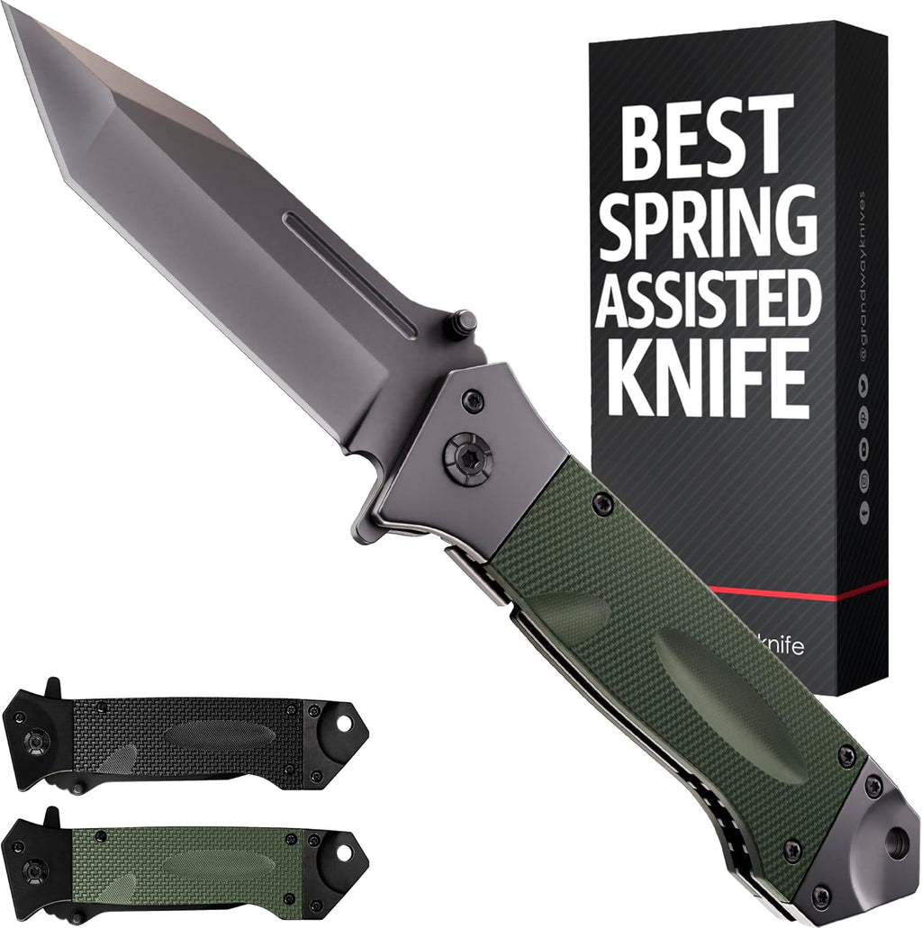 Spring Assisted Heavy Duty Pocket Knife for Men - 3.5" Tanto Sharp Blade - Folding Tactical Self Defense Japanese
