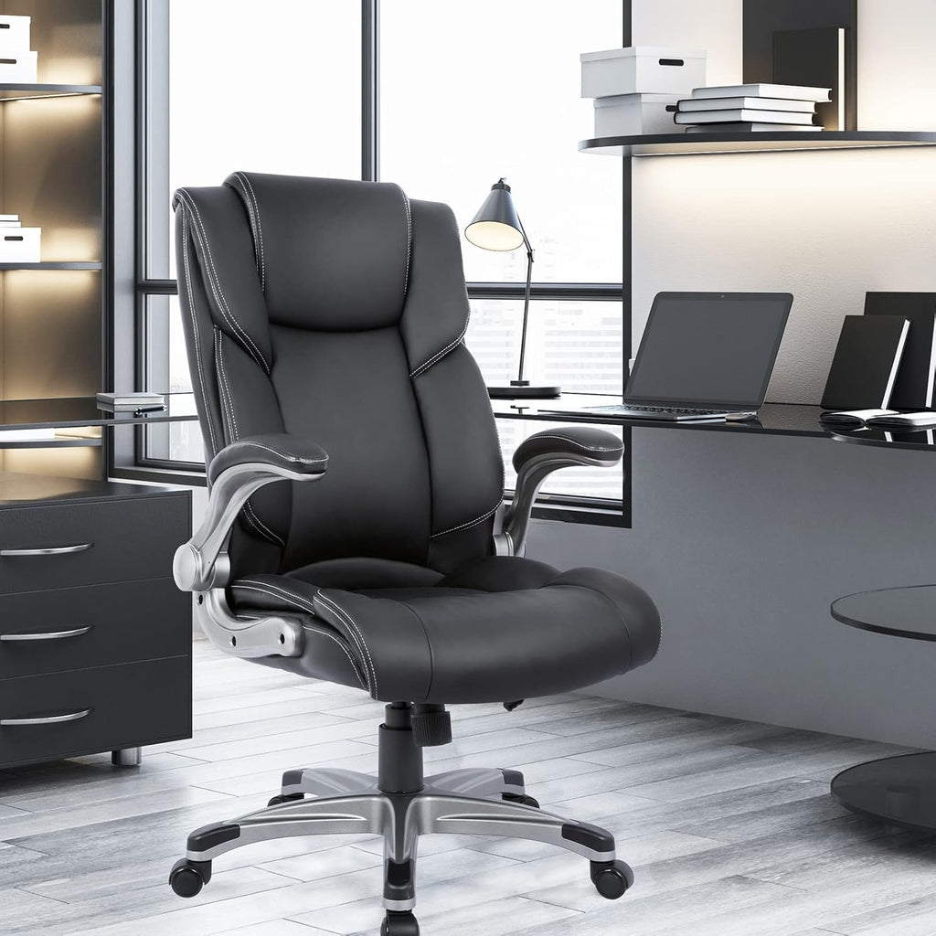 High Back Executive Office Chair - Padded Leather Ergonomic Computer Desk Chair with Inflatable Lumbar Support &