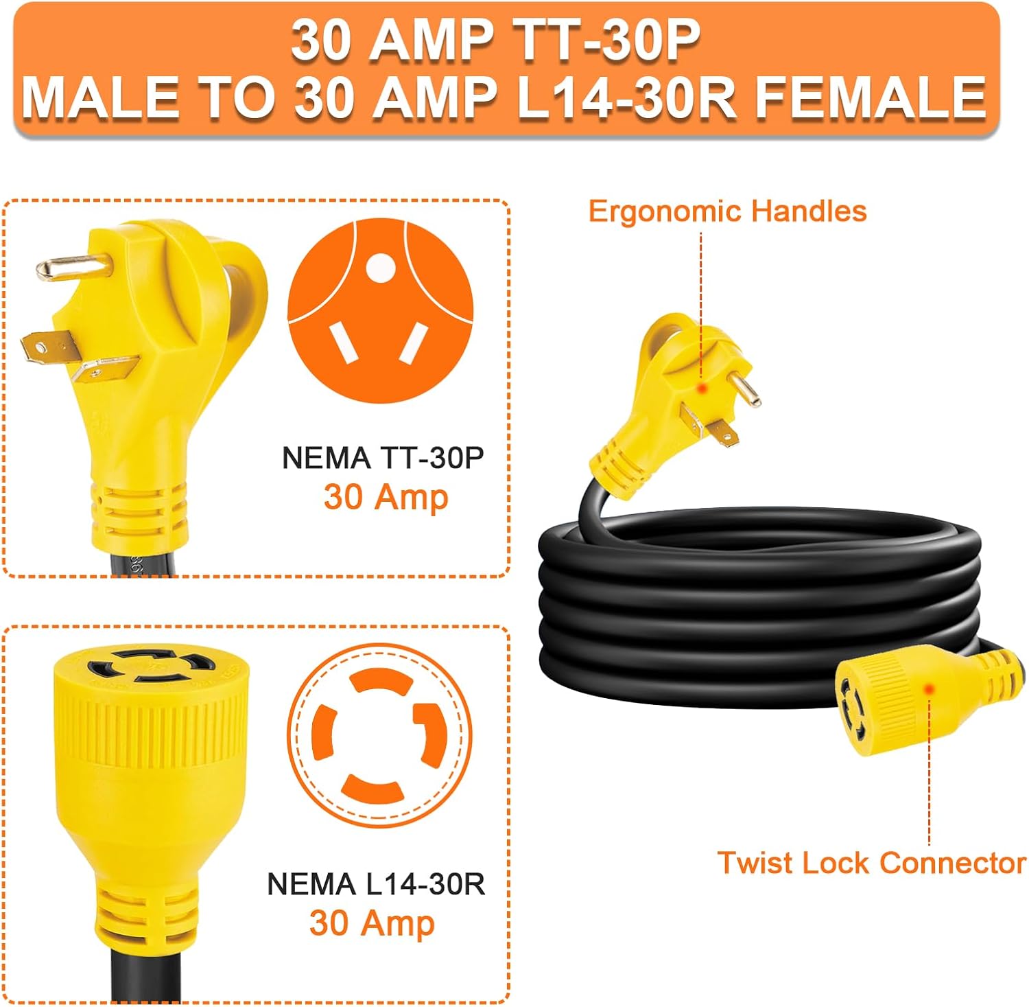 10ft NEMA TT-30P to L14-30R Generator Transfer Switch Adapter Cord | 3 Prong 30 Amp RV Generator TT-30 Male Plug to 4