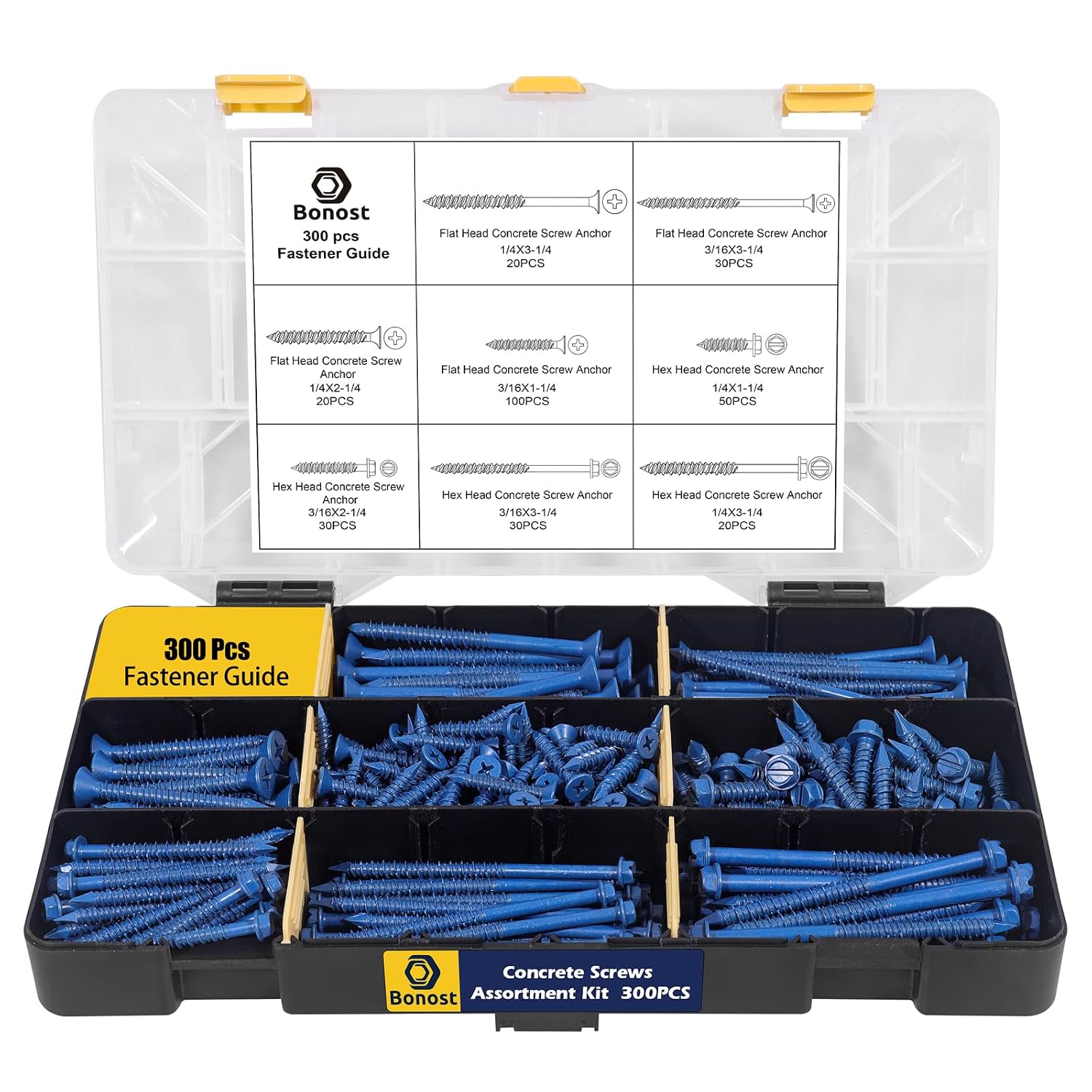 Hardware Concrete Assortment Kit 1625 Pcs- Concrete Screw Set with Assorted Nuts, Bolts, and Wood Screw (3 Trays)