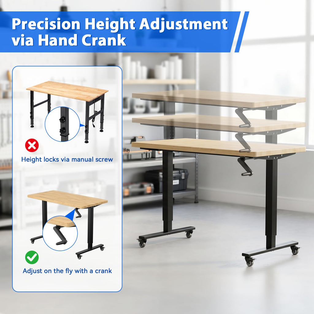 48" Adjustable Height Workbench with 1000LBS Capacity, Solid Wood Work Bench with Crank Handle, Heavy Duty Workbench