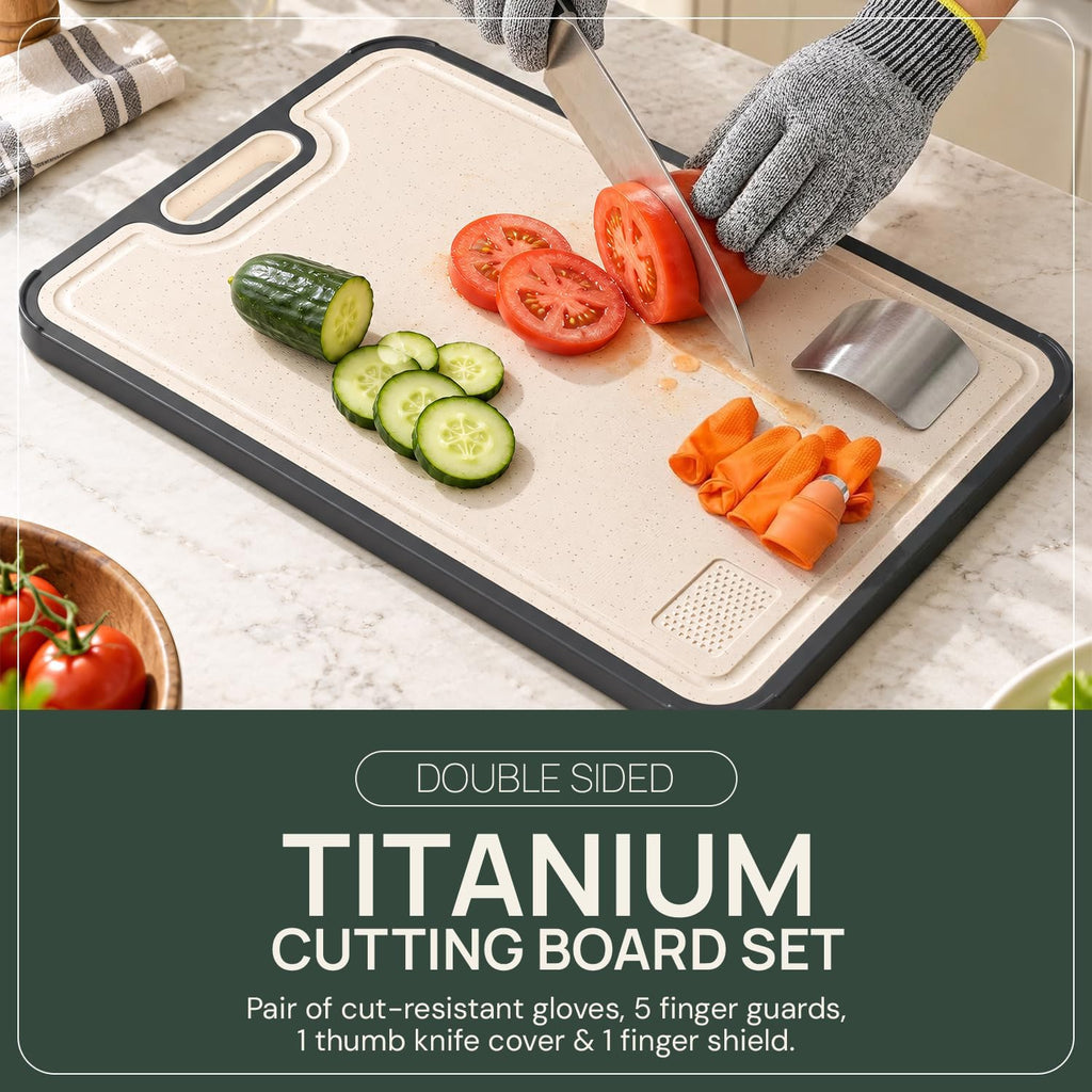 Titanium Cutting Board Double Sided, Heavy Duty Chopping Board with Cut Resistant Gloves, 5 Finger Guards & Thumb