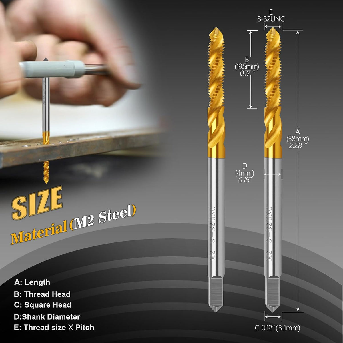 2Pcs 8-32 UNC Spiral Flute Thread Tap,Thread Milling Tap for Metal