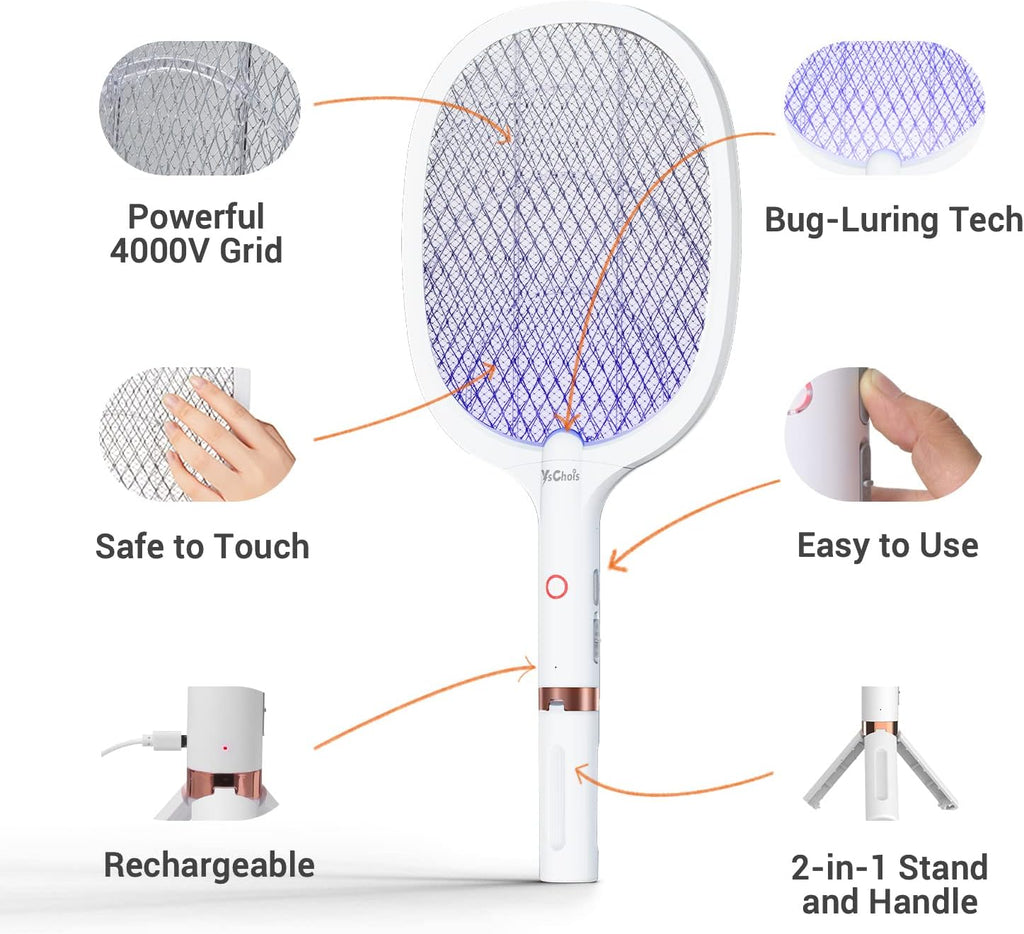 Electric Fly Swatter Racket, Rechargeable Fly Zapper - 4000 Volt, Exclusive 2-in-1 Bug Zapper Racket - USB Charging