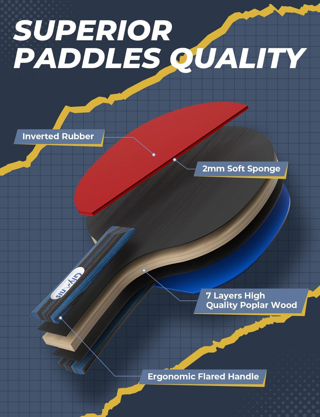 Ping Pong Paddles Set of 4/2, 7-Ply Table Tennis Rackets and Balls | 7-Ply Wood, 3-Star Ball, Flared Handle, Storage