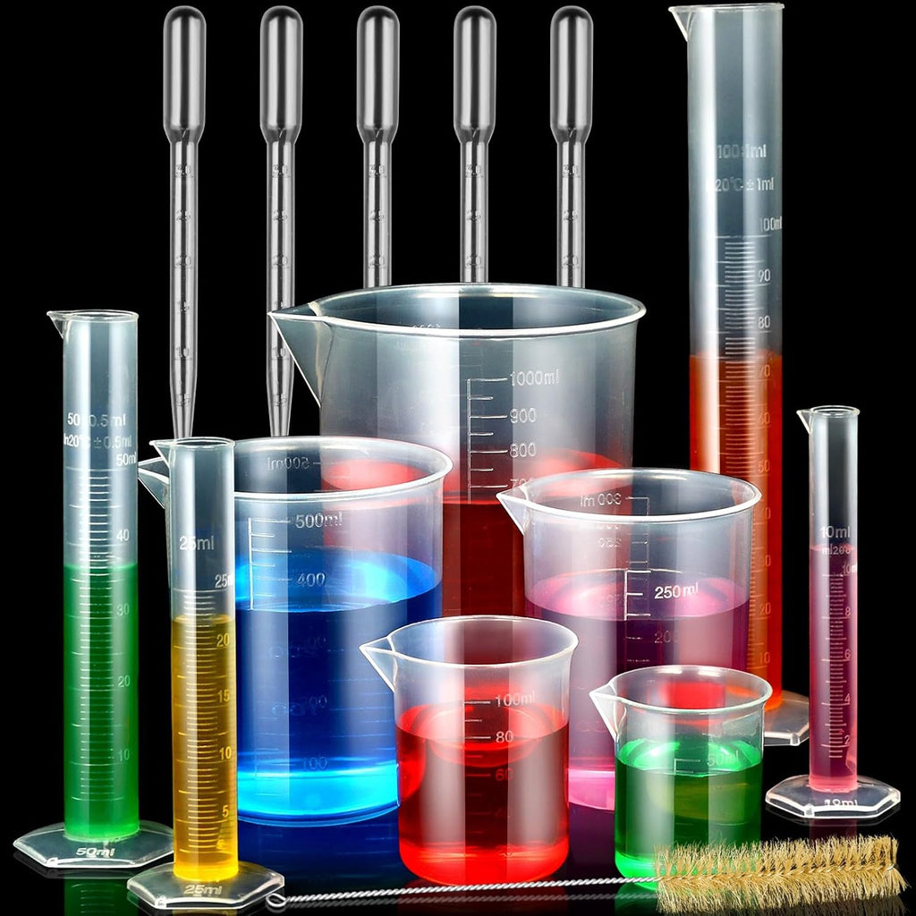 Plastic Graduated Cylinders and Beakers with 5 Pipettes, 10ml 25ml 50ml 100ml Cylinders, 50ml 100ml 250ml 500ml