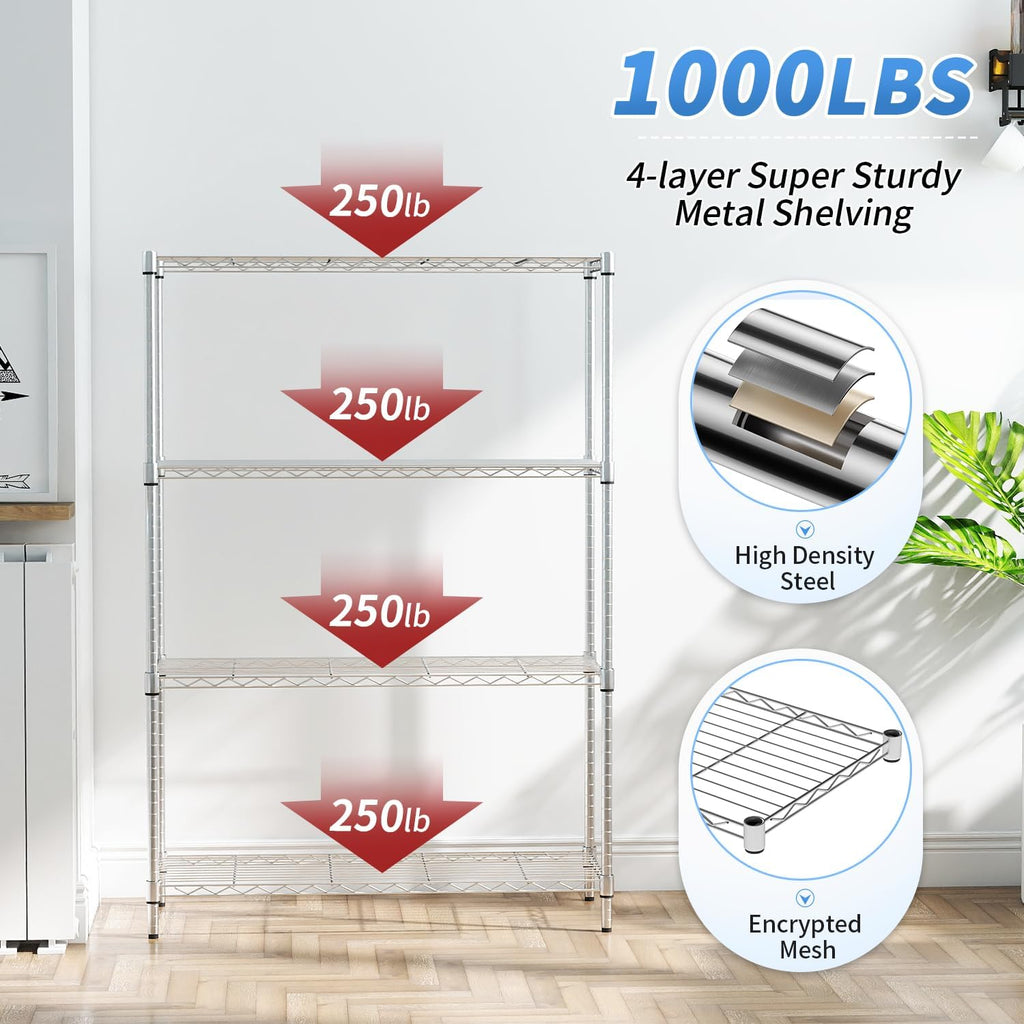 4-Tier Wire Storage Shelves | 36x14x54 | Chrome | with Adjustable Racks | Heavy-Duty Metal Shelf, Holds Upto 1000 lbs