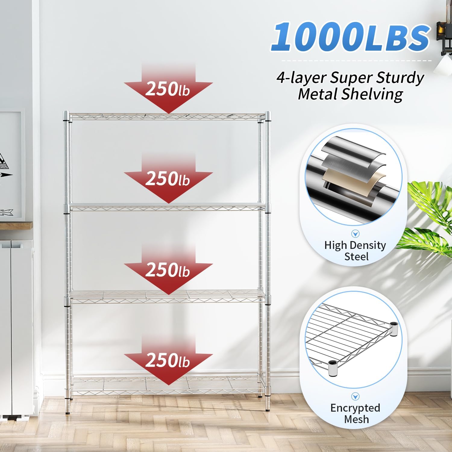 4-Tier Wire Storage Shelves | 36x14x54 | Chrome | with Adjustable Racks | Heavy-Duty Metal Shelf, Holds Upto 1000 lbs