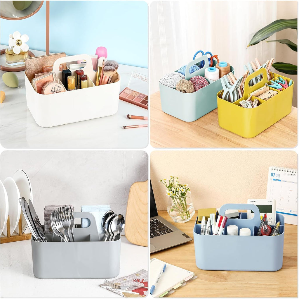 Multiuse Caddy Organizer with Handle, Portable Divided Plastic Tote Bin - Art Craft, Stationary Pen Marker Crayons
