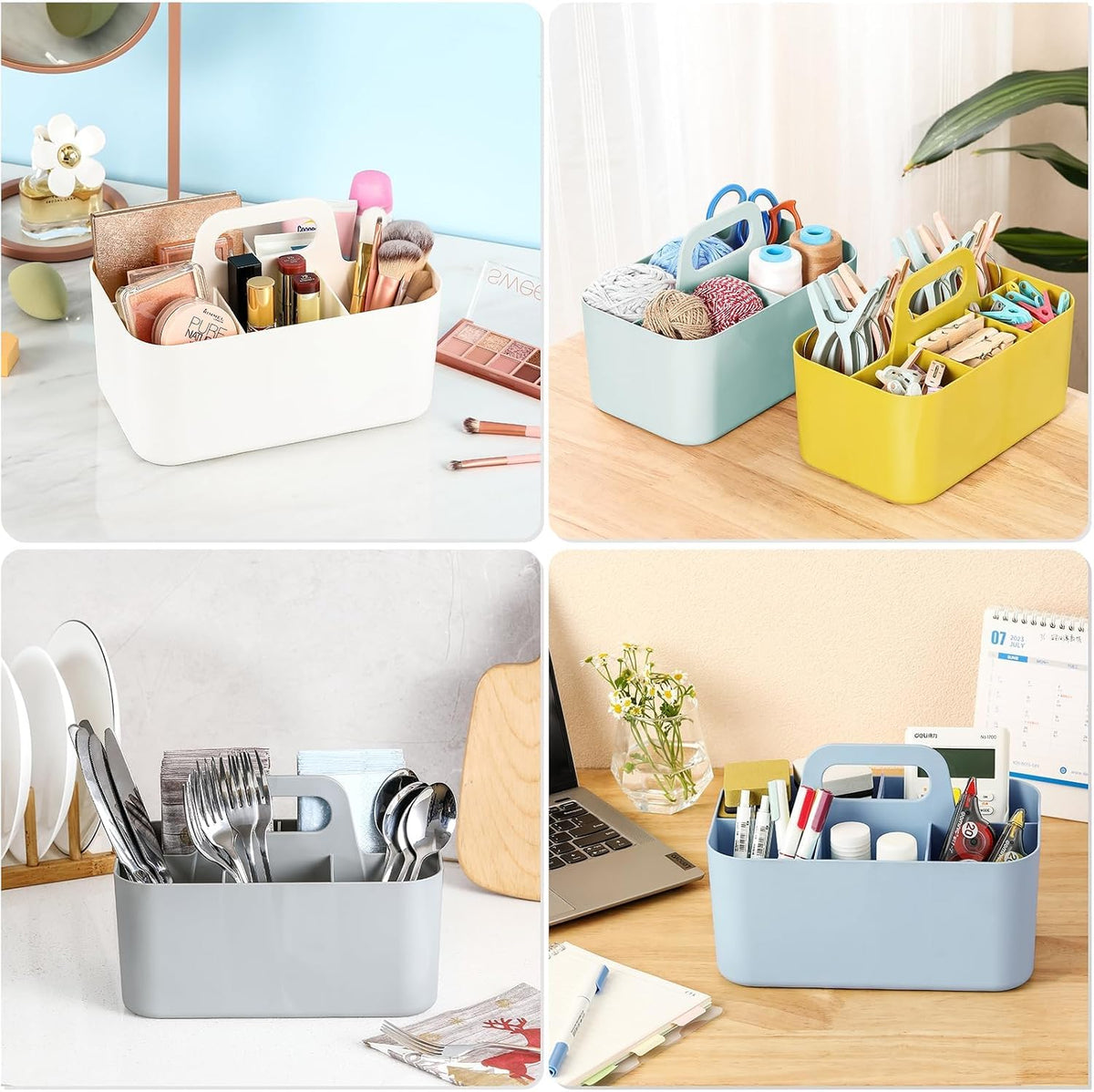 Multiuse Caddy Organizer with Handle, Portable Divided Plastic Tote Bin - Art Craft, Stationary Pen Marker Crayons