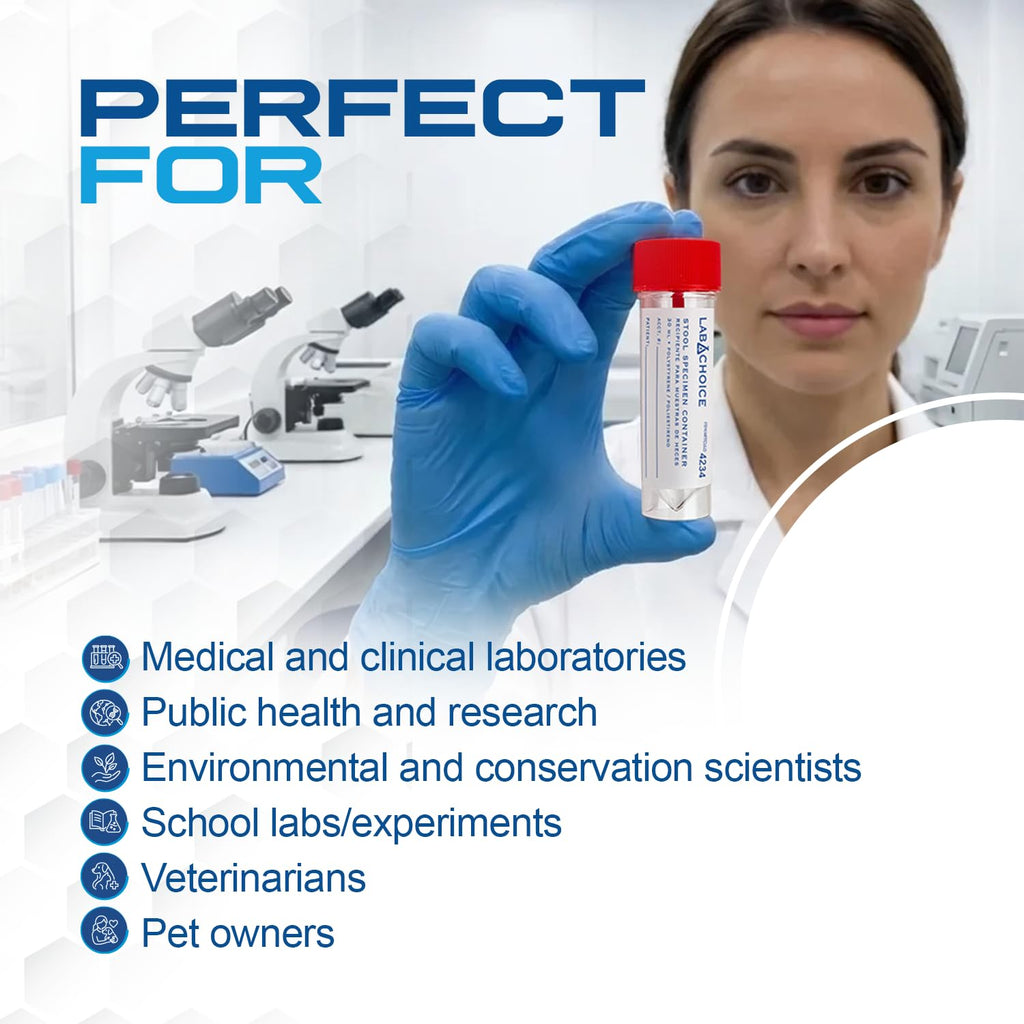 Stool Specimen Containers, Sterile, Individually Wrapped, Specimen Cups with Spoon Cap Lids, Clear with Red Lid, 1