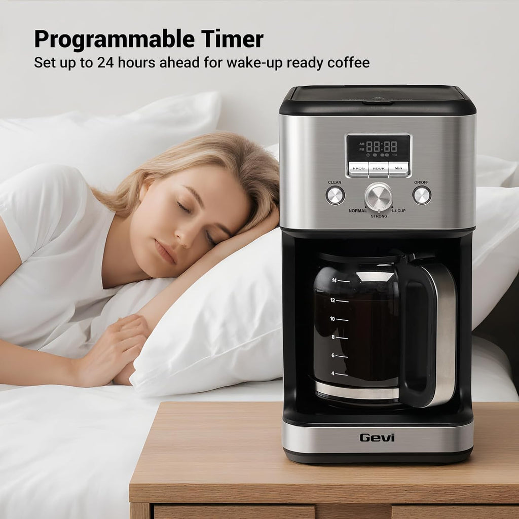 14-Cup Drip Coffee Maker, Programmable Timer, 2H Warm, Strong Brew | 14-Cup Drip Maker for Normal & Strong Brew, 2H