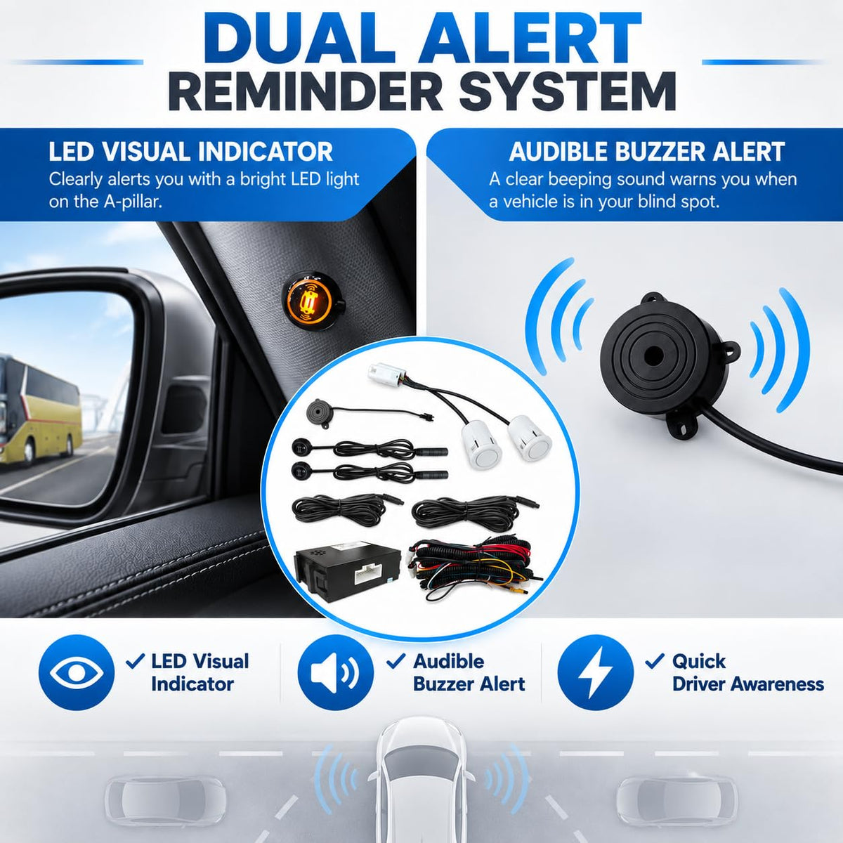 Riloer Blind Spot Sensor Ultrasonic Detection System with LED Alert White