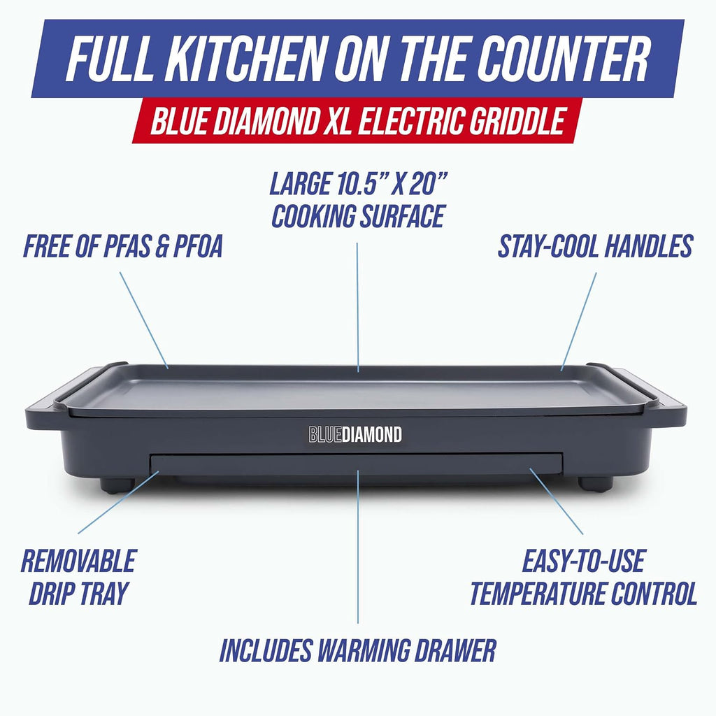 20" XL Electric Griddle, Graphite | PFAS-Free Ceramic Nonstick, Flat Top Grill/Griddle, Removable Drip Tray, Warming