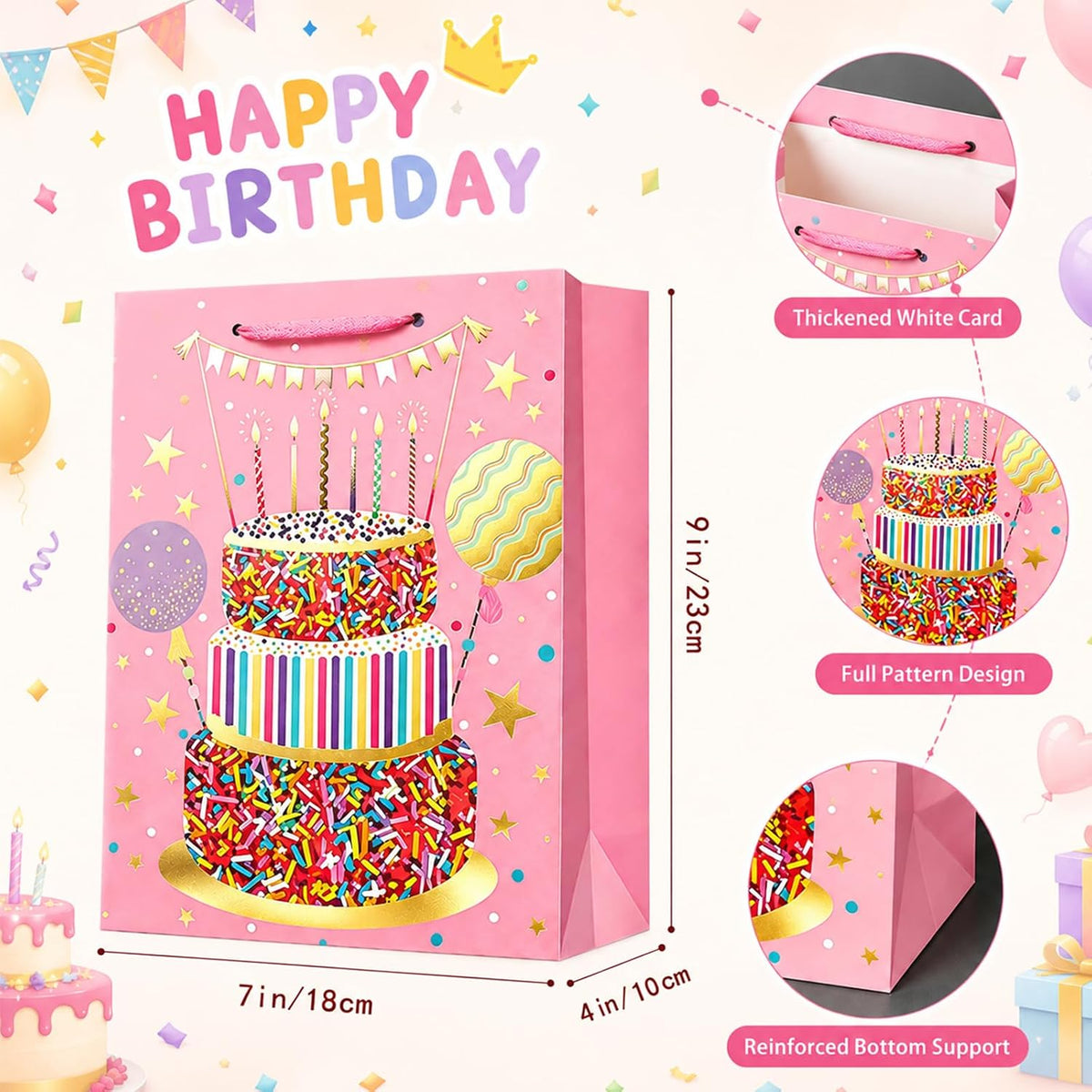 Small Birthday Gift Bags, 6 Pack, 9 x 7 x 4 Inch