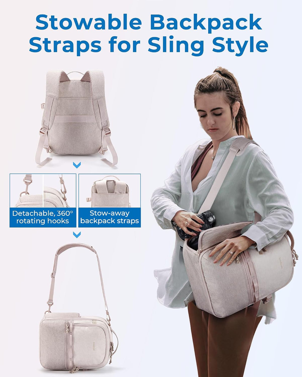 2 in 1 Small Camera Backpack for DSLR, Fits 12.9" iPad, Beige | Small SLR Camera Bags for Photographers with Shoulder