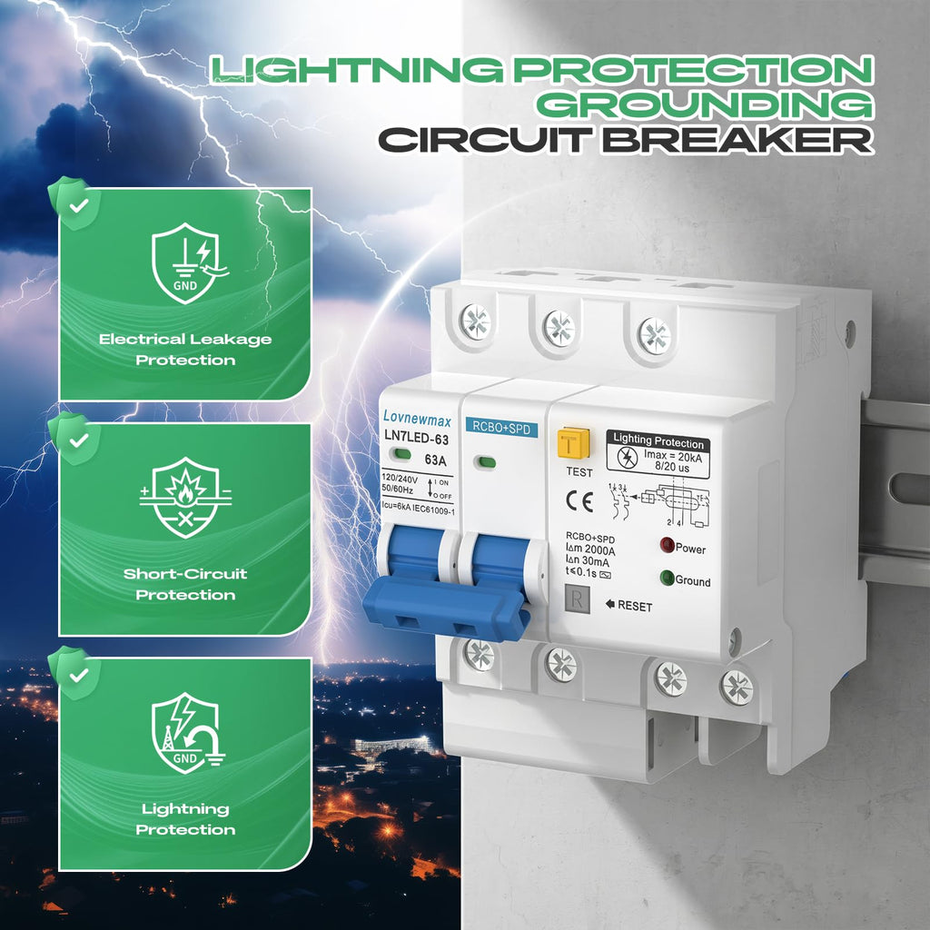 Lovnewmax 63 Amp Ground Fault Circuit Breaker, 2 Pole AC 120-240V SPD