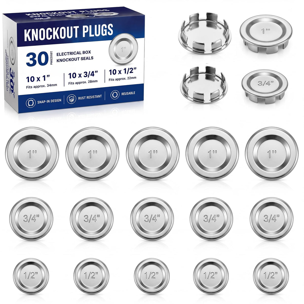 Yaocom 30 Pcs Knockout Seal 1''/ 3/4''/ 1/2'' Electrical Box Knockout Plugs