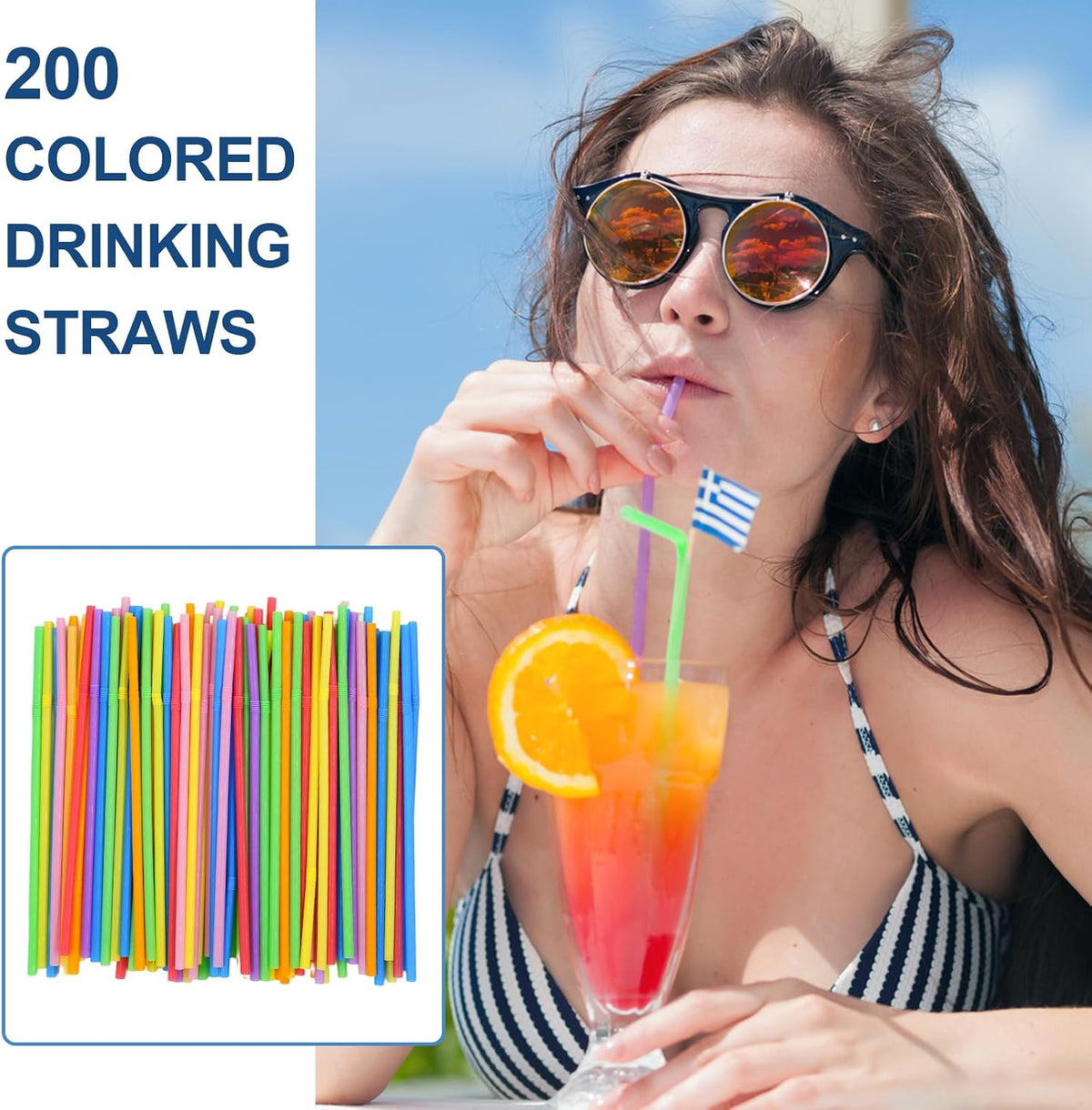 [200 Pack] 8.5" High Multicolour Flexible Plastic Straws