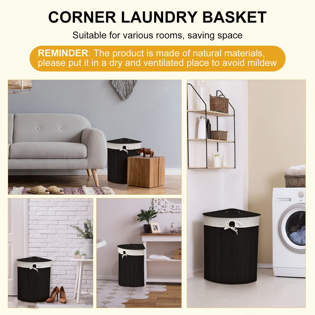 Corner Bamboo Laundry Hamper with Lid, Black, Vertical Slatted