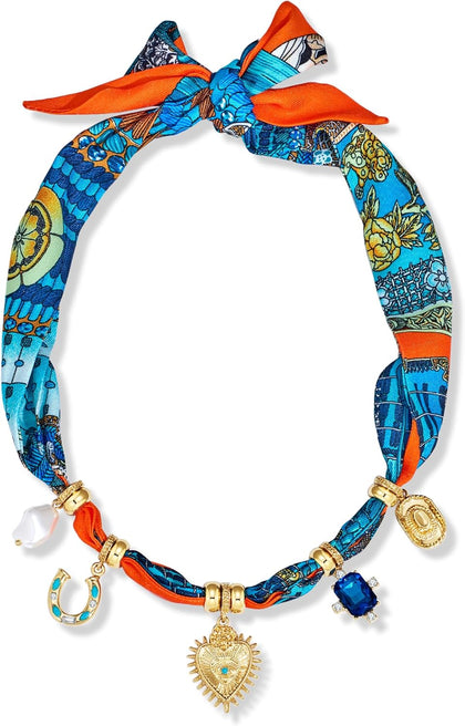 Boho Scarf Necklace With Multi Conch Shell Heart Horseshoe Fish Charms Large Sun Pendant Necklace Adjustable Bandana