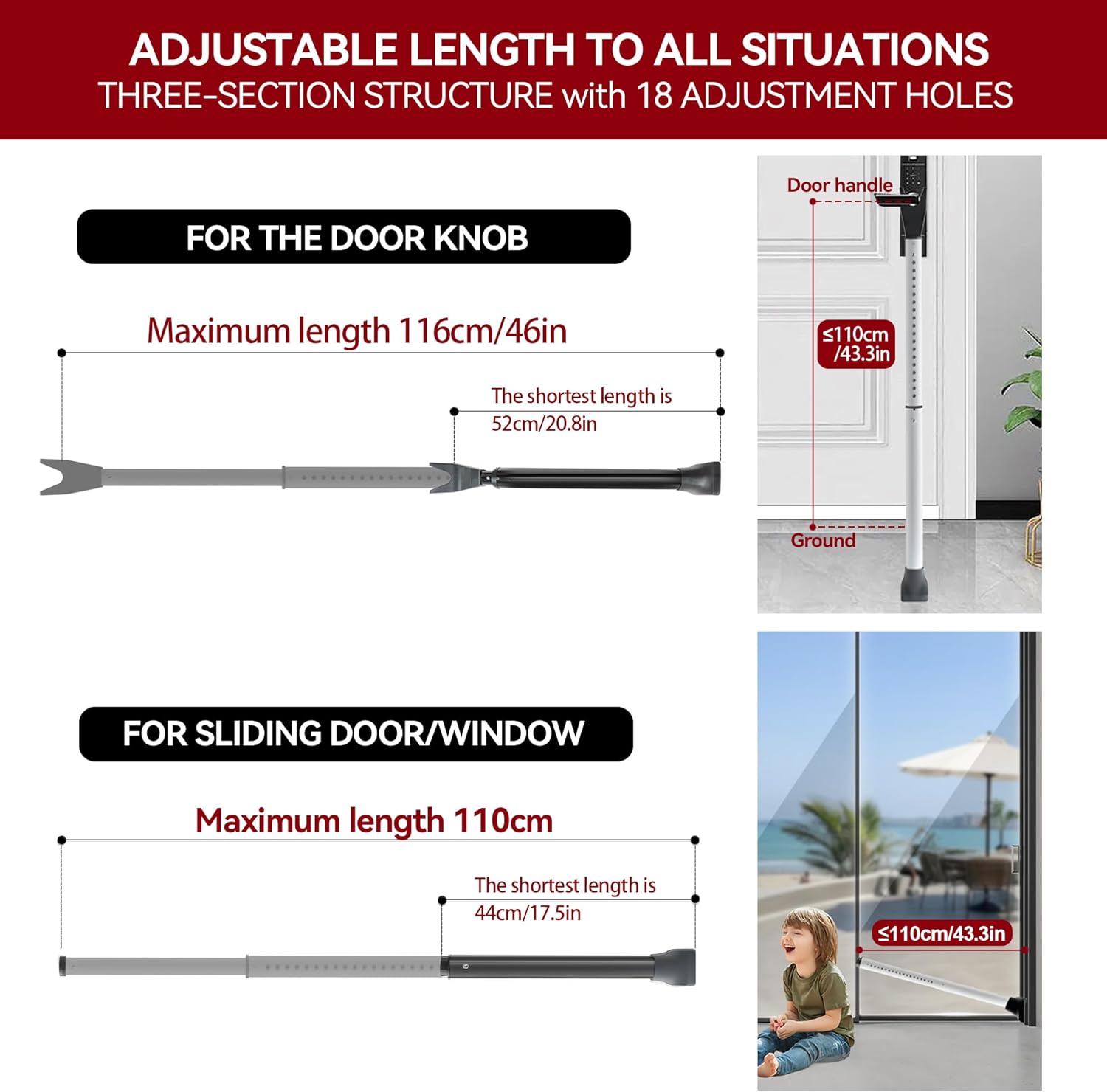 Upgraded Door Security Bar & Sliding Patio Bar, Heavy Duty Stoppers Adjustable Jammer for Home, Apartment, Travel (2