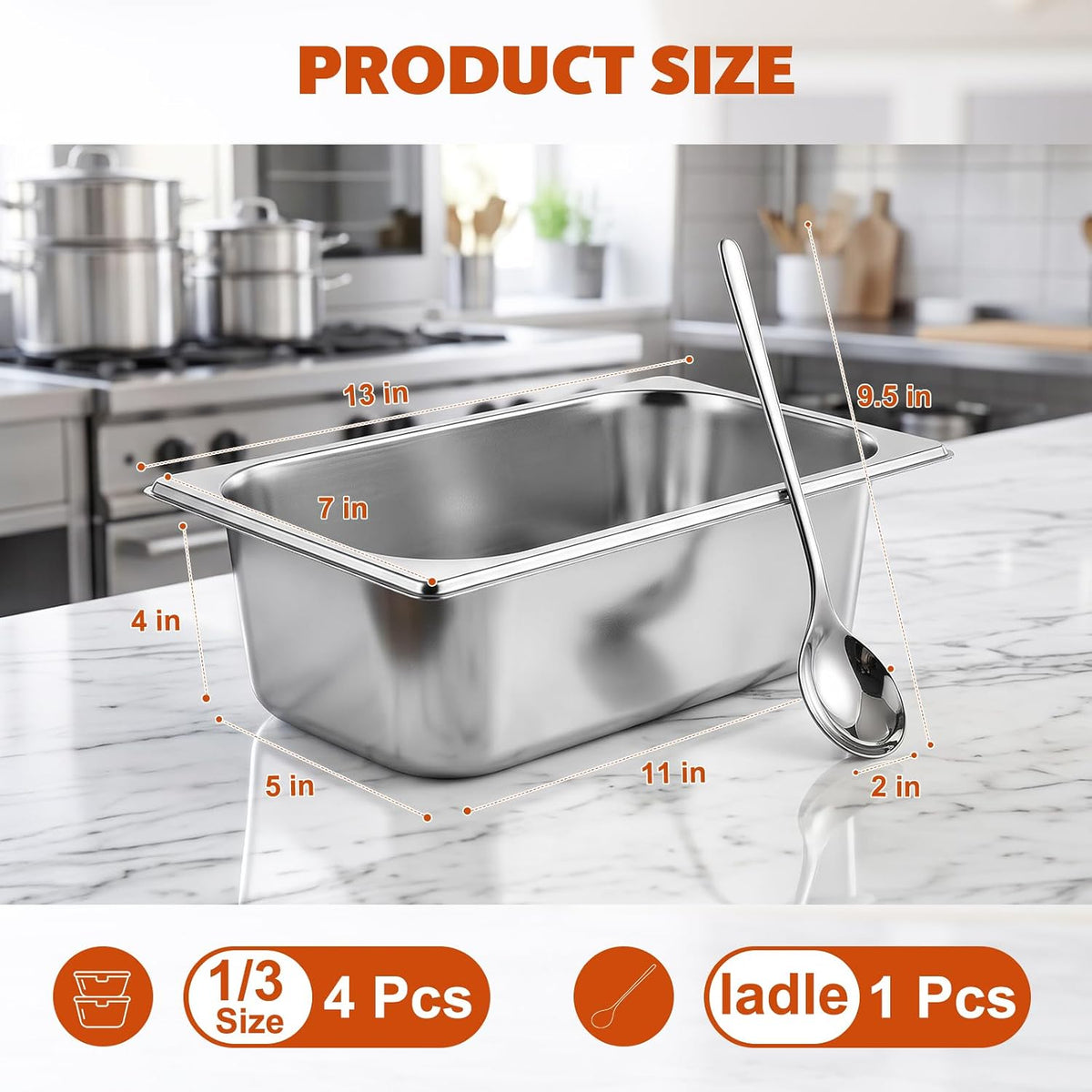 4 Set 1/3 Size Hotel Pan with Lids, 4 Inch Deep Stainless Steel