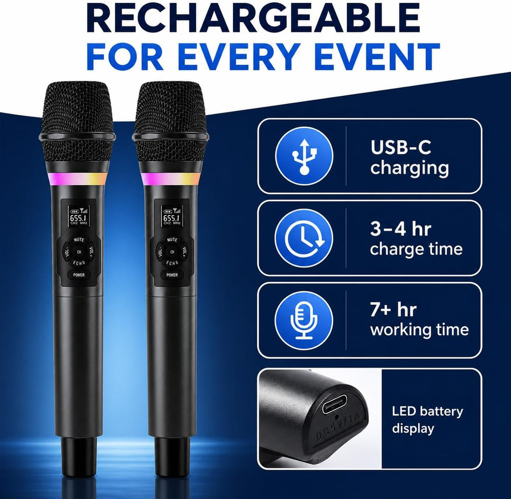 Wireless Microphones, Dual 2.4GHz Handheld Karaoke Mic System | Rechargeable Receiver with Volume, Echo, Treble, Bass